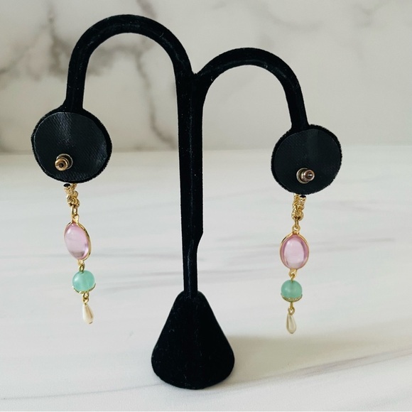 Gold Drop Earrings- Gemstone and Faux Pearl- Pierced Ears- Costume Jewelry - Picture 4 of 4